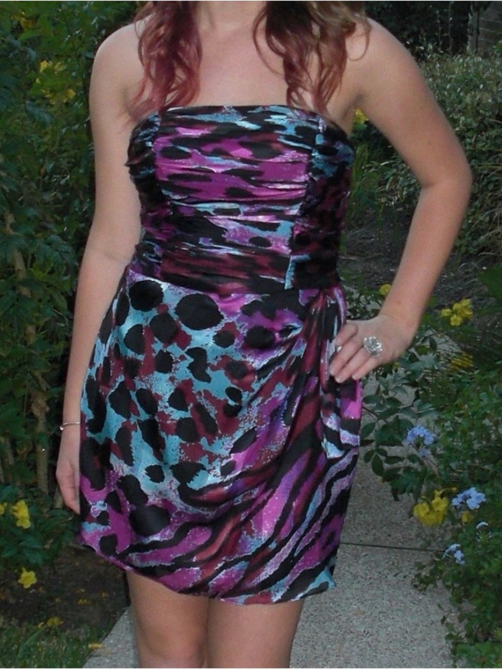 Cache Strapless Multicolor Animal-Print Cocktail Dress in Purple, Blue & Black